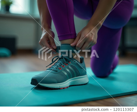 Active lifestyle concept: woman tying sports shoe on exercise mat for fitness routine Active lifestyle concept: woman tying sports shoe on exercise mat for fitness routine 120113307