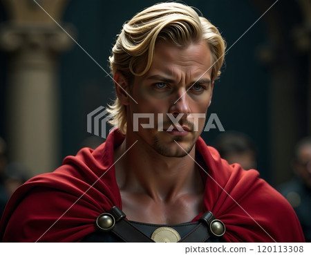 Adventurous warrior in red cloak with intense gaze 120113308