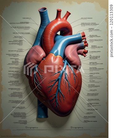 Anatomical heart diagram with detailed labels for educational use and medical reference 120113309