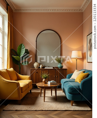 Cozy mid-century modern living room with vibrant sofas and elegant decor 120113334
