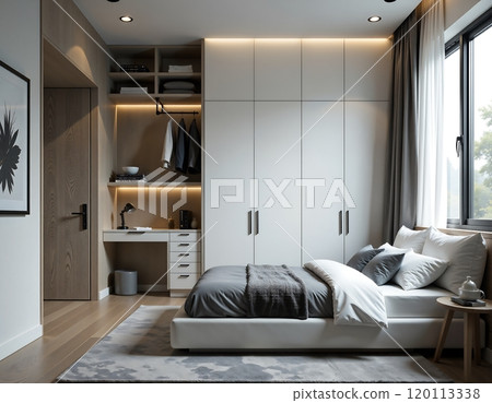Cozy modern bedroom with minimalist design and natural lighting for relaxing atmosphere 120113338