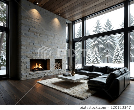 Cozy winter living room with fireplace and snowy forest view for interior design inspiration 120113347