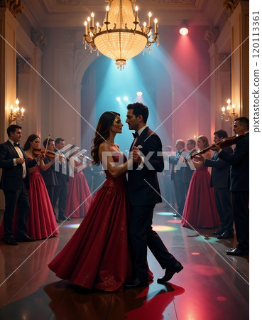 Elegant ballroom dance with live orchestra in grand hall ambiance Elegant ballroom dance with live orchestra in grand hall ambiance 120113361