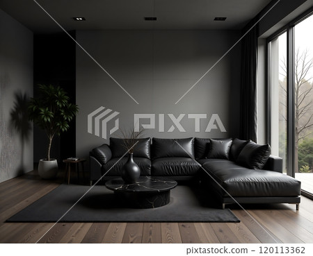 Elegant black living room with modern leather sofa and contemporary decor 120113362