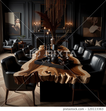 Elegant dining room with unique live edge table and modern art decor Elegant dining room with unique live edge table and modern art decor 120113363