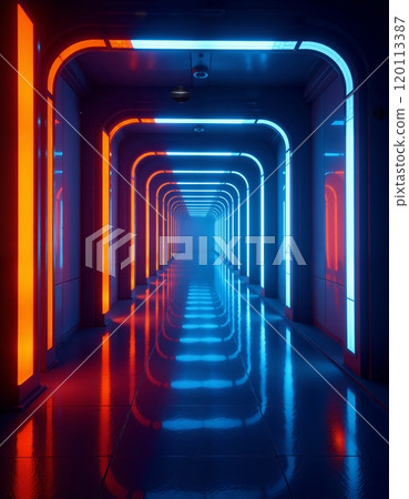 Futuristic neon corridor with symmetrical blue and red lighting 120113387