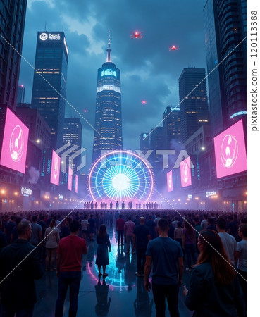 Futuristic urban night scene with light show and skyscrapers 120113388