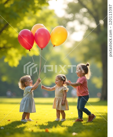 Joyful children playing with balloons in sunny park setting 120113397