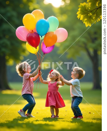 Joyful children playing with colorful balloons in a sunlit park setting 120113398