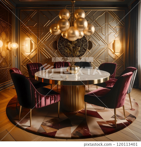 Luxurious art deco dining room with marble table and velvet chairs for elegant interior design 120113401