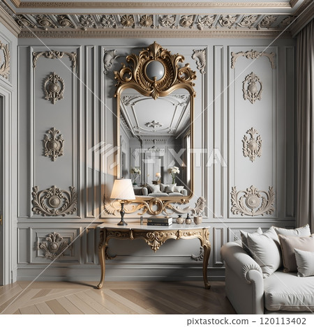 Luxurious baroque-style living room interior with ornate mirror and elegant sofa 120113402