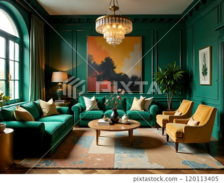 Luxurious living room interior with green walls and modern furnishings Luxurious living room interior with green walls and modern furnishings 120113405