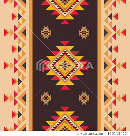 Ethnic tribal seamless pattern with Native American Navajo and Aztec motifs, inspired by vintage heritage designs. Perfect for home decor, textiles, rugs, and carpets, Geometrics in an earthy palette 120113412