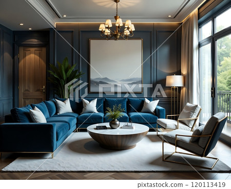 Luxurious modern living room design with blue sofa and elegant decor 120113419