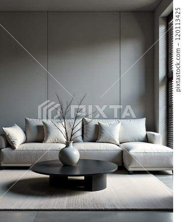 Minimalist modern living room interior design with neutral color palette 120113425