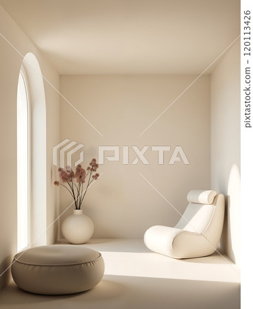 Minimalistic interior design with cozy armchair and soft light in modern space 120113426