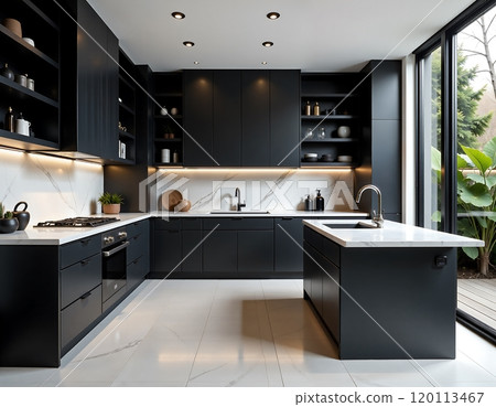 Modern minimalist kitchen design with sleek black cabinets and natural light Modern minimalist kitchen design with sleek black cabinets and natural light 120113467