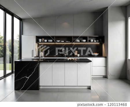 Modern minimalist kitchen interior with black and white marble design for home decor Modern minimalist kitchen interior with black and white marble design for home decor 120113468