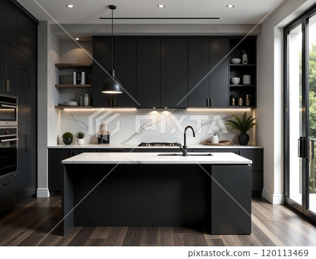 Modern minimalist kitchen interior with elegant black cabinetry and marble countertops Modern minimalist kitchen interior with elegant black cabinetry and marble countertops 120113469