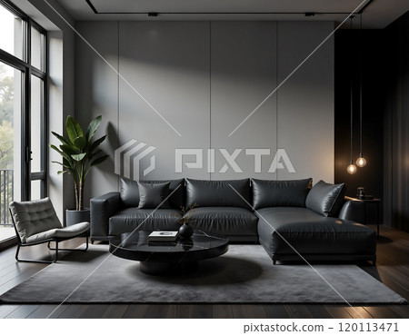 Modern minimalist living room design with black leather sofa and contemporary decor 120113471