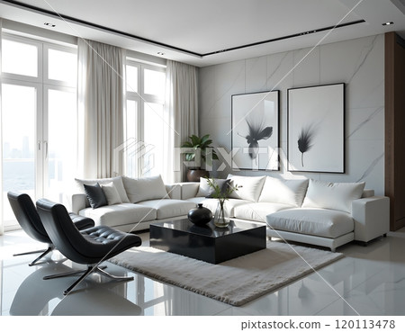 Modern minimalist living room interior with white sofa and abstract art Modern minimalist living room interior with white sofa and abstract art 120113478