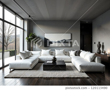 Modern minimalist living room with white sectional sofa and scenic wall art 120113490