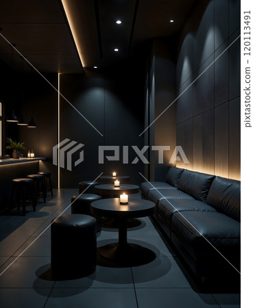 Modern minimalist lounge with cozy candlelit ambiance for relaxation 120113491