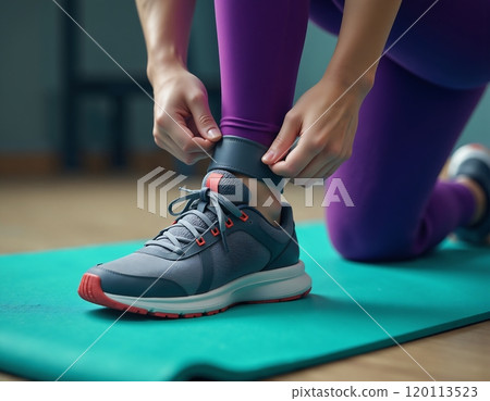 Preparing for workout with athletic shoe on yoga mat - fitness and lifestyle concept 120113523