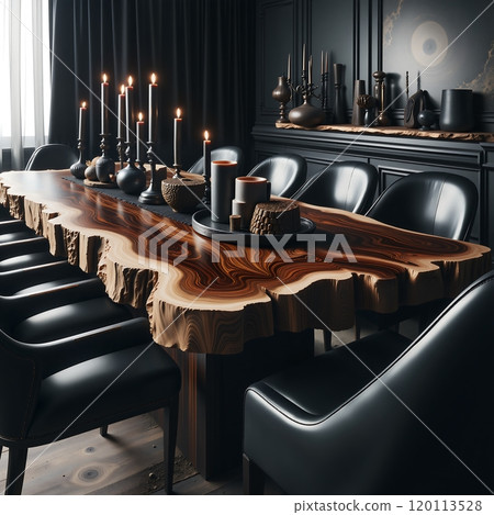 Rustic elegance in a dark, candlelit dining room with natural wood table 120113528