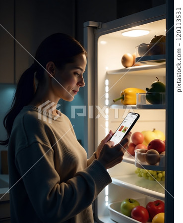 Smart kitchen technology: woman using app for grocery management in modern fridge 120113531
