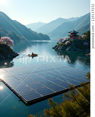 Solar innovation and tranquil lake with mountain views and cherry blossoms Solar innovation and tranquil lake with mountain views and cherry blossoms 120113532