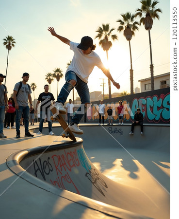 Urban skateboarding adventure at sunset in a graffiti-adorned skate park 120113550