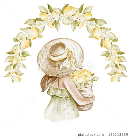 Watercolor illustration young girl with lemons hand drawn poster. Drawing Italian romantic woman close up. Fashion decoration for design and card, logo, label print. 120113589