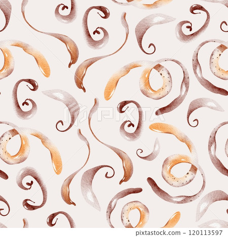 Watercolor Seamless potato Pattern with peel, potato, batat. Hand drawn vegetable illustration ornament. Backdrop design food for wrapping paper or textile design. Wallpaper with vegan plants. 120113597