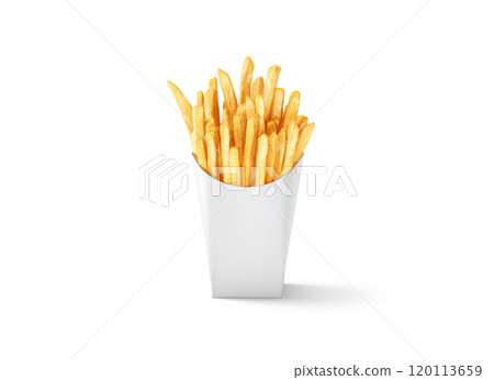 Blank white paper pack with french fries mockup, front view 120113659