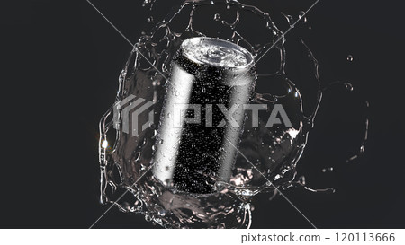 Black 330 ml soda can with drops splash mockup, depth of field Black 330 ml soda can with drops splash mockup, depth of field 120113666