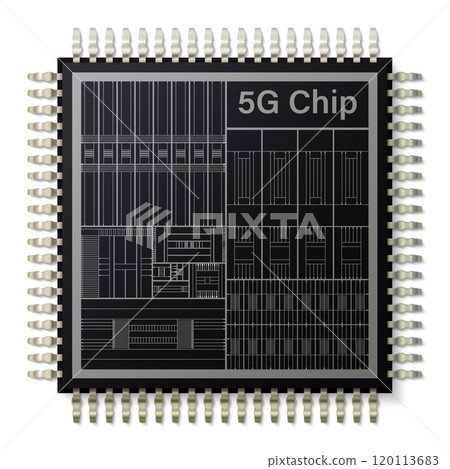 microchip 5G with scheme for board on white background. realistic chip black color with shadow. vector illustration microchip 5G with scheme for board on white background. realistic chip black color with shadow. vector illustration 120113683
