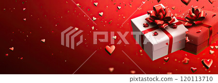 present box and hearts on red background for Valentine's day. Banner design 120113710
