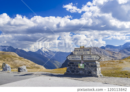 Road signs, Col de l'Iseran, Savoy, France Road signs, Col de l'Iseran, Savoy, France 120113842