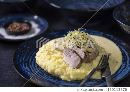 Pork tenderloin with mushroom sauce and mashed potatoes Pork tenderloin with mushroom sauce and mashed potatoes 120113876
