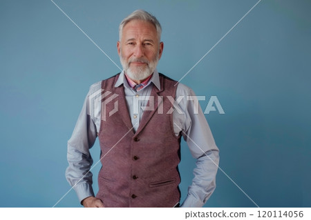 Fashionable stylish modern senior man in a shirt and vest against a blue wall, studio shot Fashionable stylish modern senior man in a shirt and vest against a blue wall, studio shot 120114056