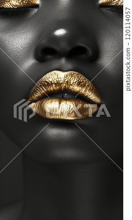 Black and white closeup shot of an African American female face with metallic gold lips, showcasing the intricate details of her eye, eyelash, iris, and jaw, shooting a portrait for a fashion magazine 120114057