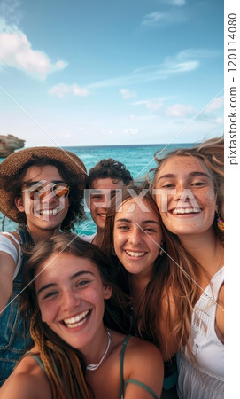 Happy smiling young people taking selfie against sea background, beach holiday with friends 120114080