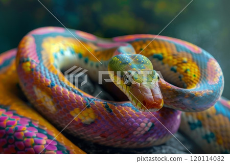 Colorful fantasy multicolored snake close up, snake curled up 120114082