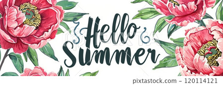 Watercolor illustration of a frame of summer peony flowers, inside the text Hello Summer, summer banner 120114121