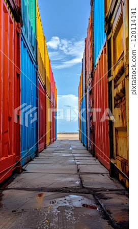 Row of colored cargo containers on both sides on a sunny day, cargo transportation Row of colored cargo containers on both sides on a sunny day, cargo transportation 120114141