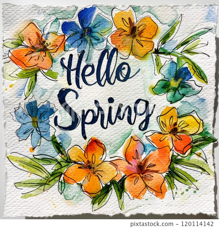 Watercolor illustration of a frame of spring flowers, inside the text Hello Spring, spring background Watercolor illustration of a frame of spring flowers, inside the text Hello Spring, spring background 120114142
