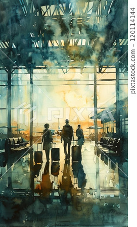 Tourists passengers with suitcases at modern airport, back view, illustration 120114144