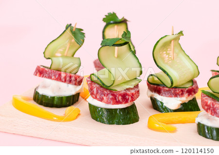 Canapes without Bread with Salami, Cucumber, Greens and Cream Cheese Canapes without Bread with Salami, Cucumber, Greens and Cream Cheese 120114150