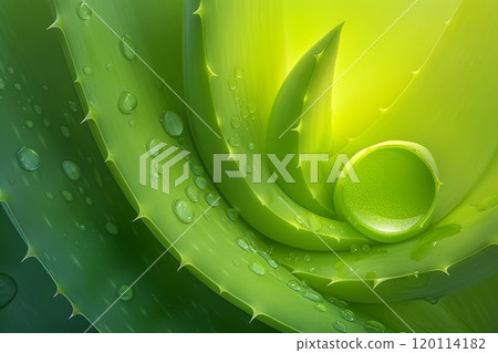 A close up of a green aloe vera plant with water drops on the leaves, displaying beautiful macro photography of this terrestrial houseplant, cosmetic concept 120114182